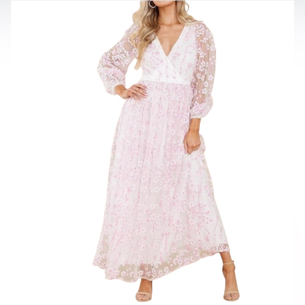 R.Vivimos Women Maxi Dress Tulle Long Sleeve V Neck Floral Embroidery Size S EUC